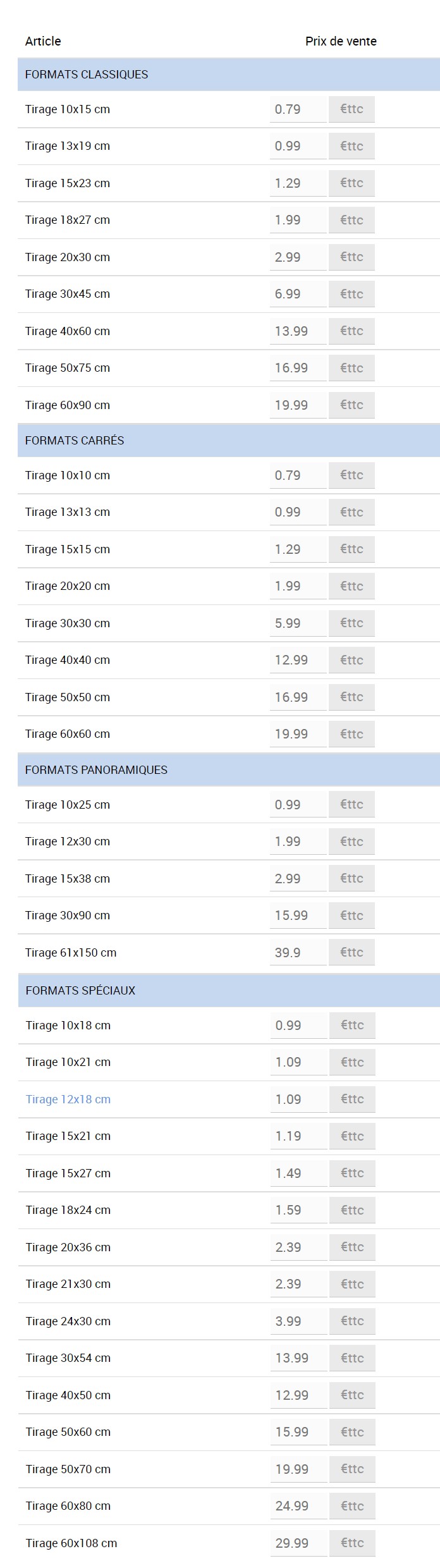 Tarifs des tirages